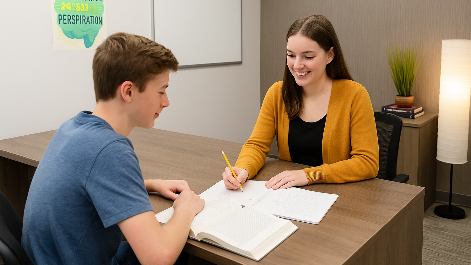Two people sitting at a desk in an office setting, engaged in a conversation.