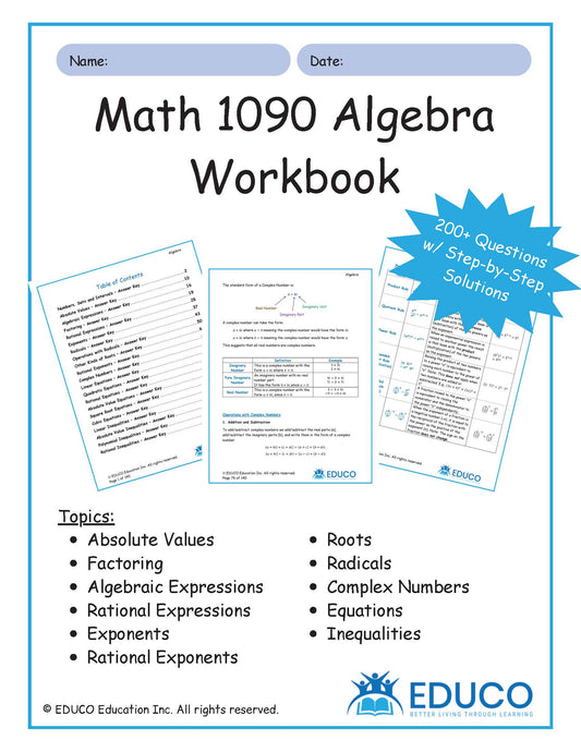 Math 1090 - Unit 1 - Algebra 140-Page Practice & Solutions Workbook (Digital Download)