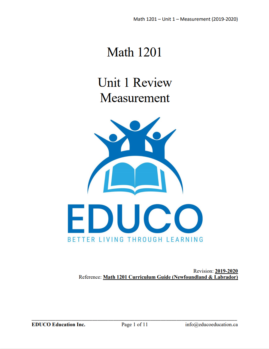 Unit 1: Measurement - Math 1201 (Digital Download)