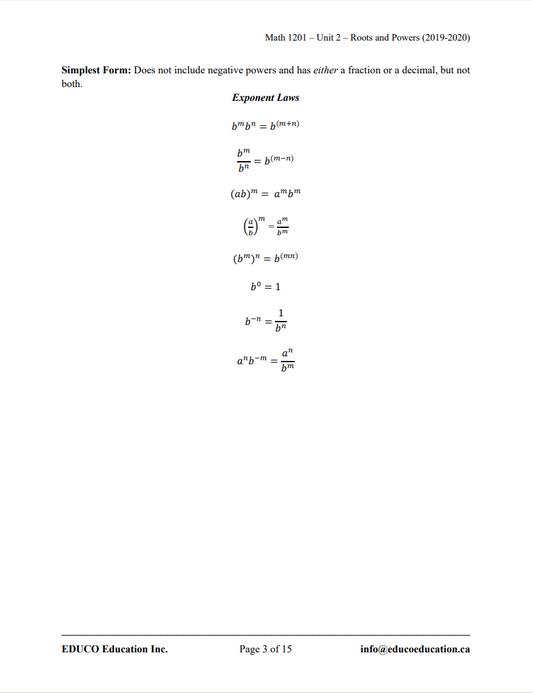Unit 2: Roots and Powers - Math 1201 (Digital Download)