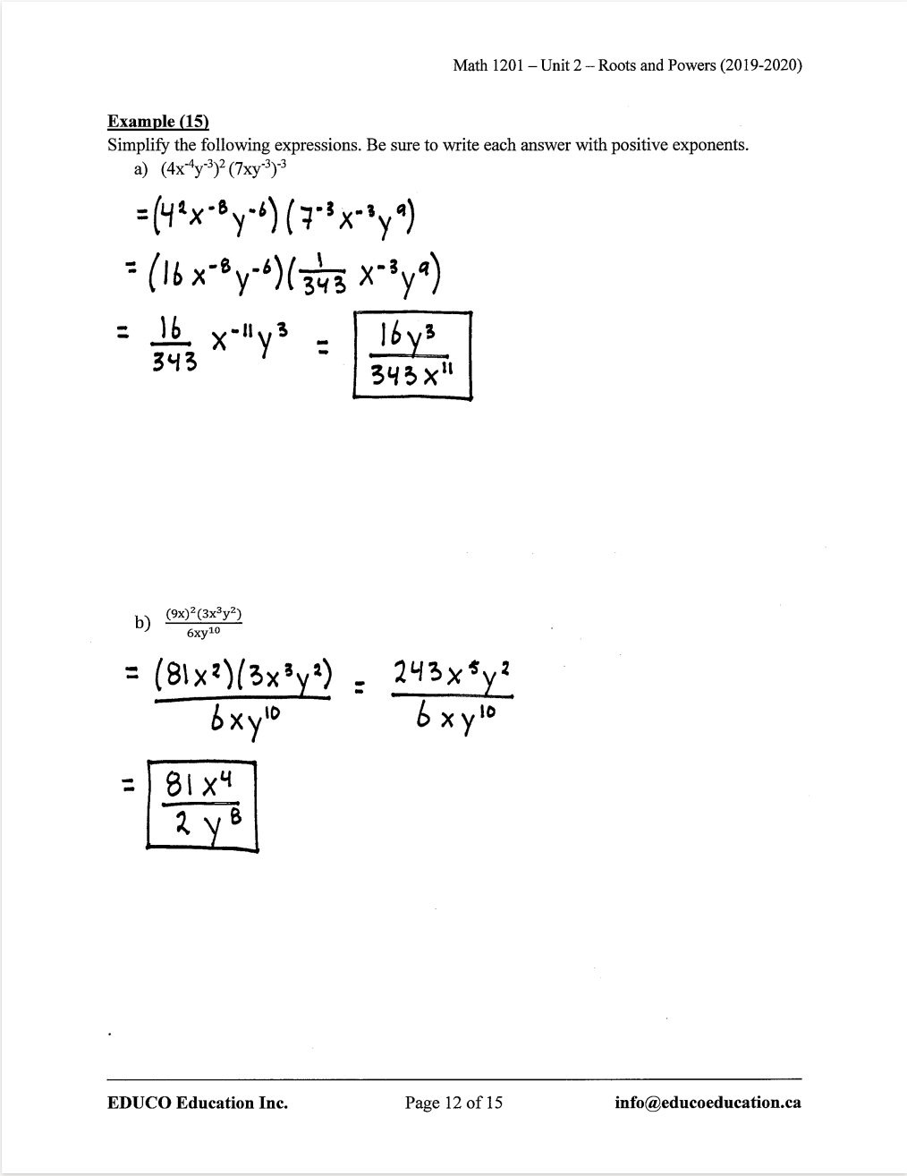 Unit 2: Roots and Powers - Math 1201 (Digital Download)