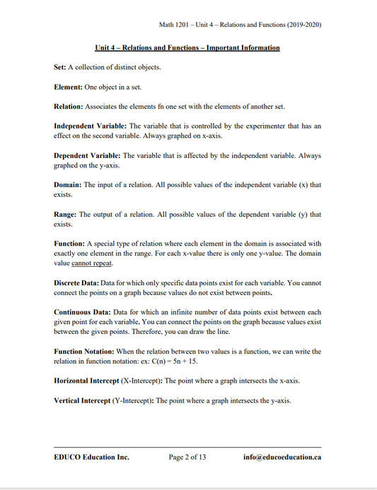 Unit 4: Relations and Functions - Math 1201 (Digital Download)