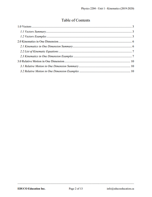 Unit 1: Kinematics - Physics 2204 (Digital Download)