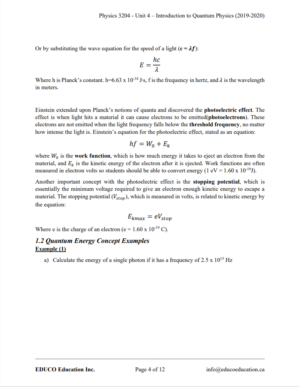 Unit 4: Introduction to Quantum Physics - Physics 3204 (Digital Download)