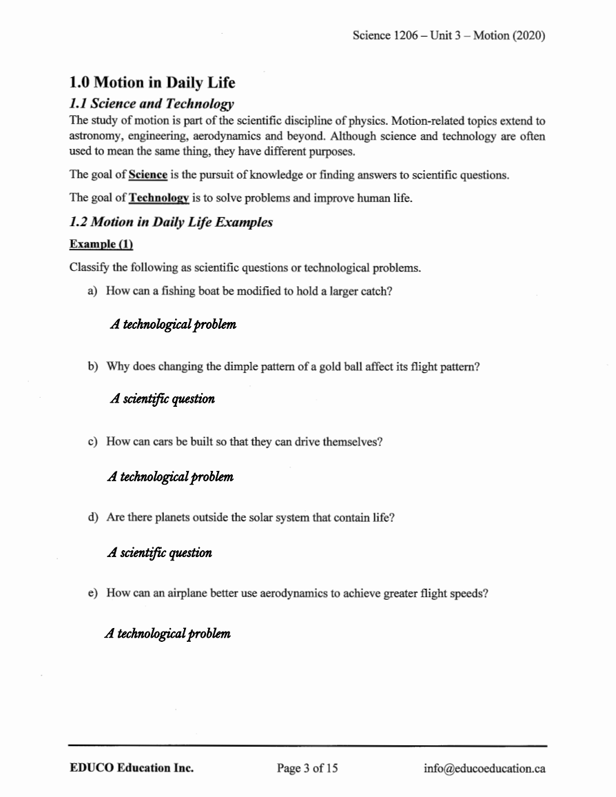 Unit 3: Motion - Science 1206 (Digital Download)