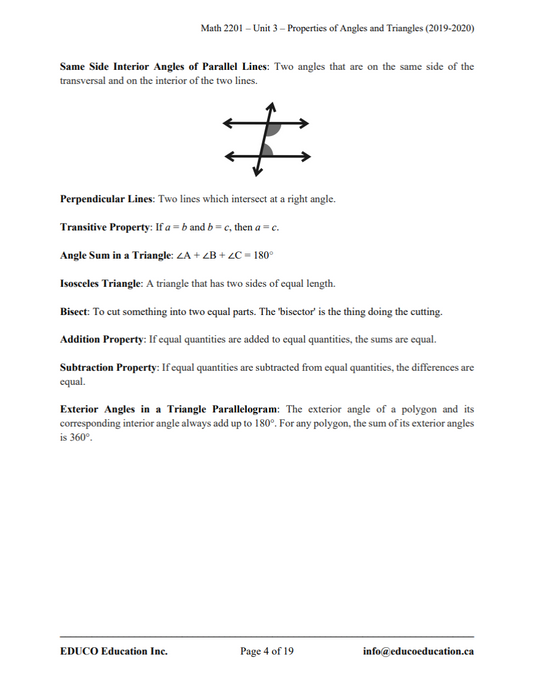 Unit 3: Properties of Angles and Triangles - Math 2201 (Digital Download) (Copy)