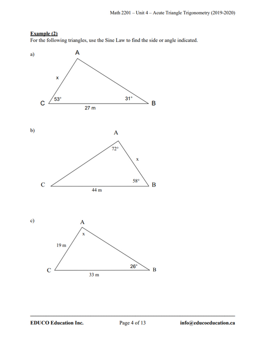 Unit 4: Acute Triangle Trigonometry - Math 2201 (Digital Download)