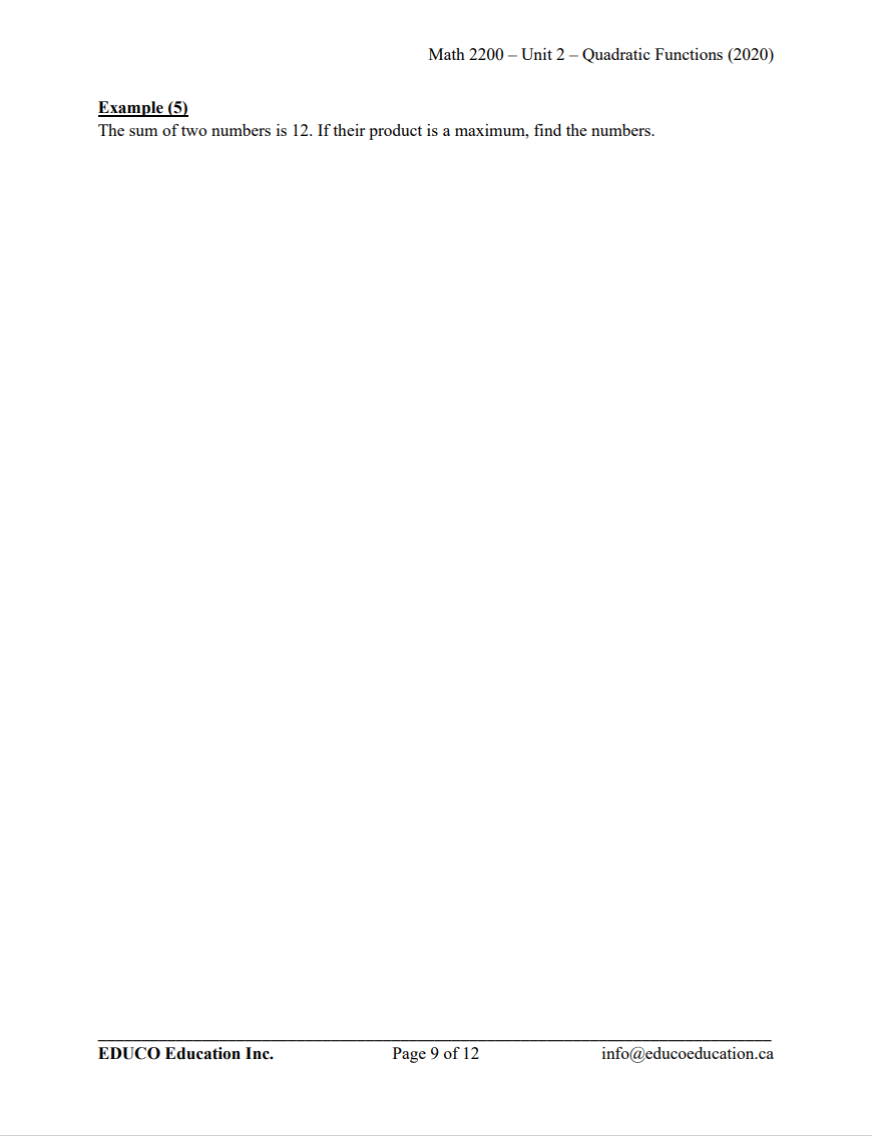 Unit 2: Quadratic Functions - Math 2200 (Digital Download)