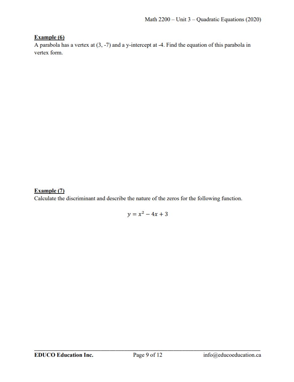 Unit 3: Quadratic Equations - Math 2200 (Digital Download)