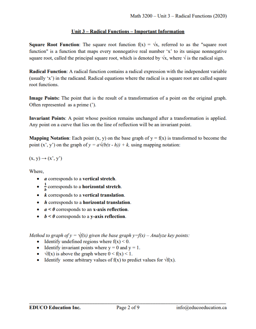 Unit 3: Radical Functions - Math 3200 (Digital Download)