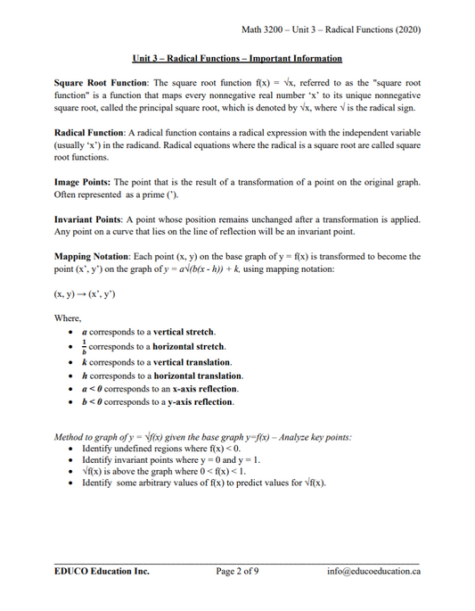 Unit 3: Radical Functions - Math 3200 (Digital Download)