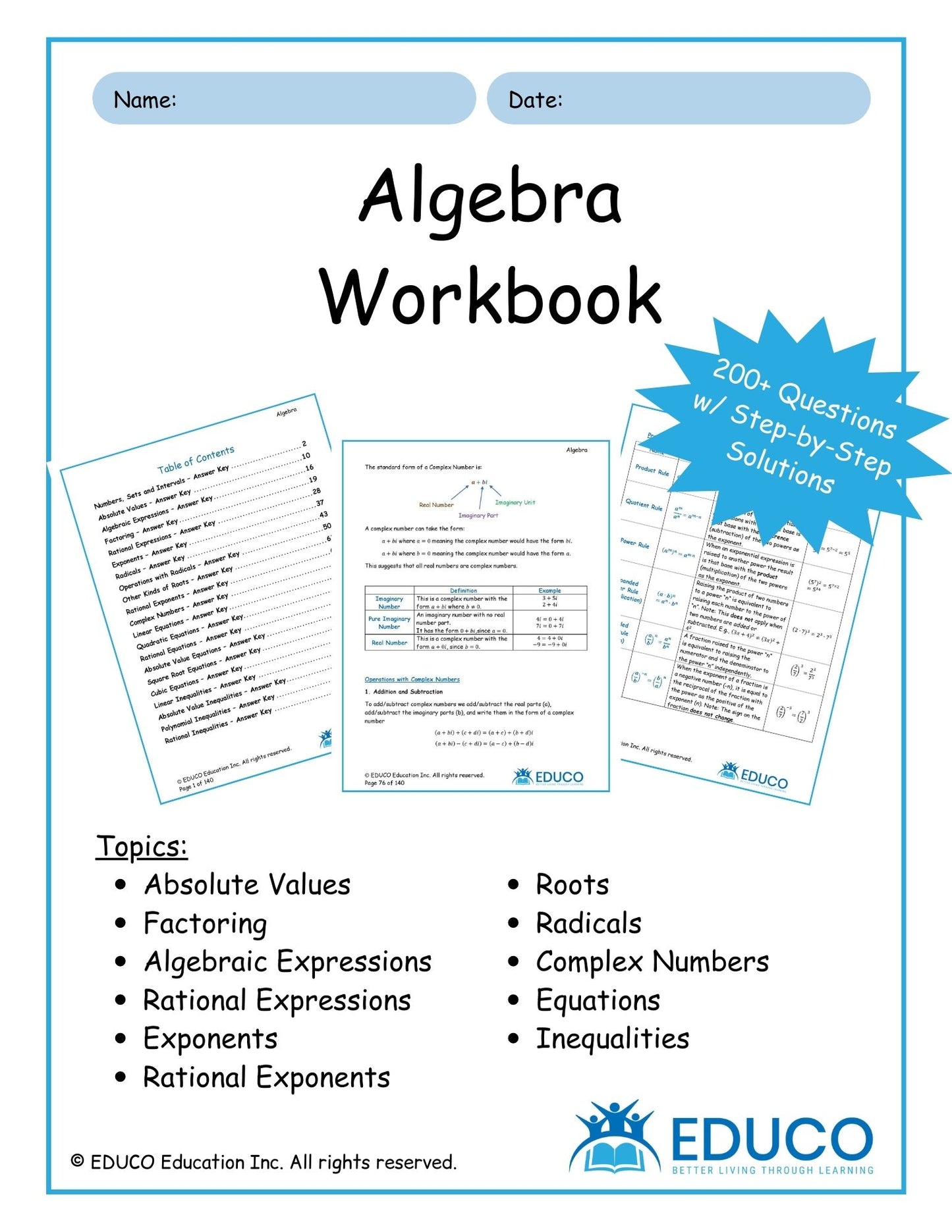 Algebra Workbook and Answer Key - (Physical Workbook + Physical Answer Key)