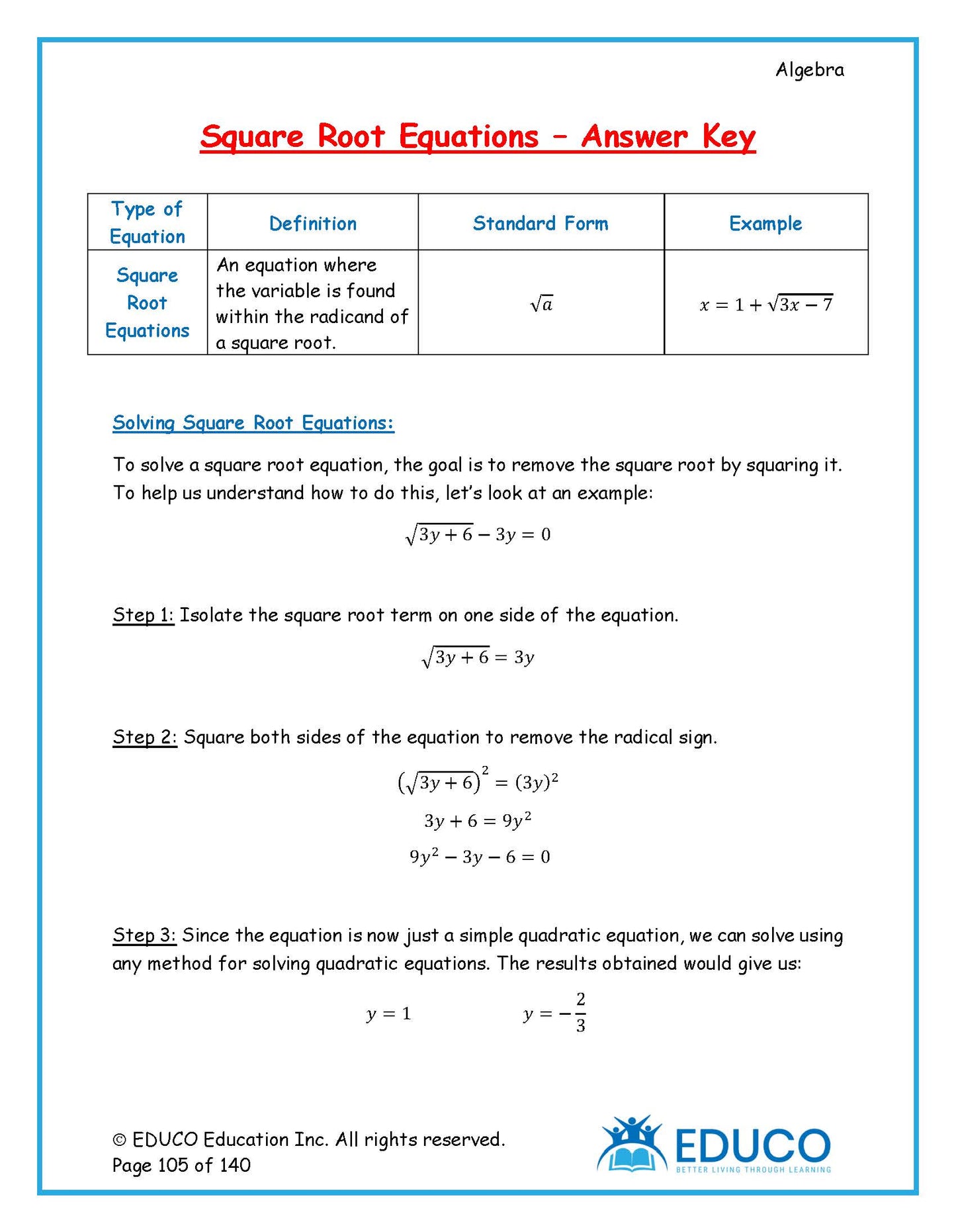 Algebra Workbook and Answer Key - (Physical Workbook + Physical Answer Key)