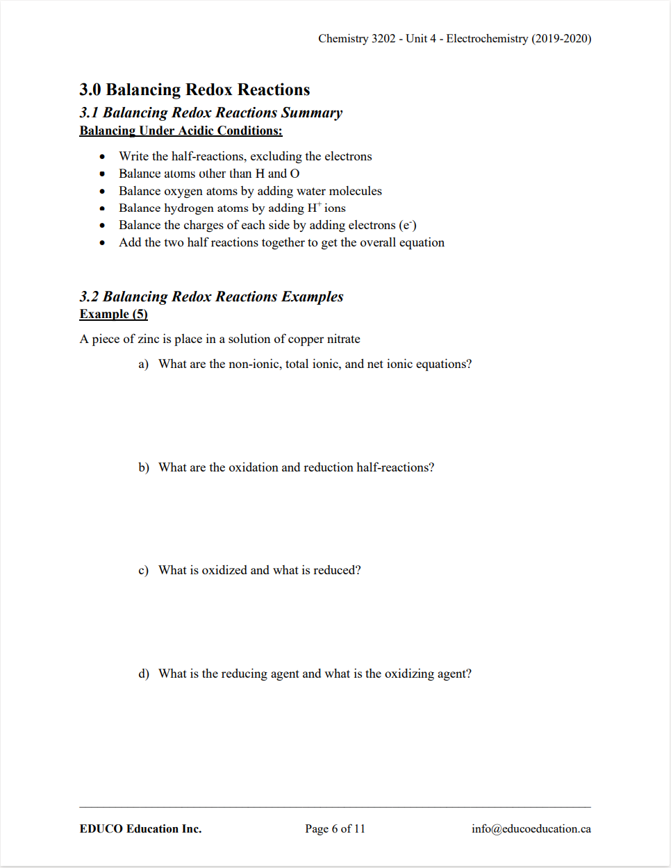 Unit 4: Electrochemistry - Chemistry 3202 (Digital Download)