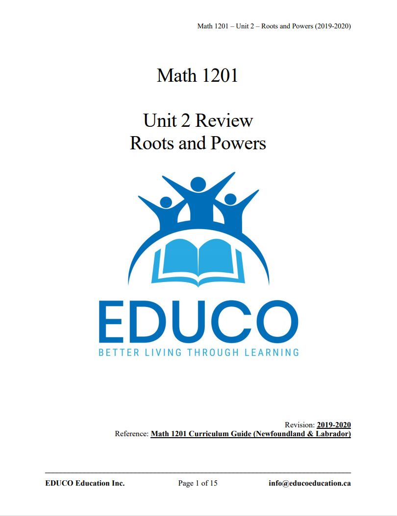 Unit 2: Roots and Powers - Math 1201 (Digital Download)