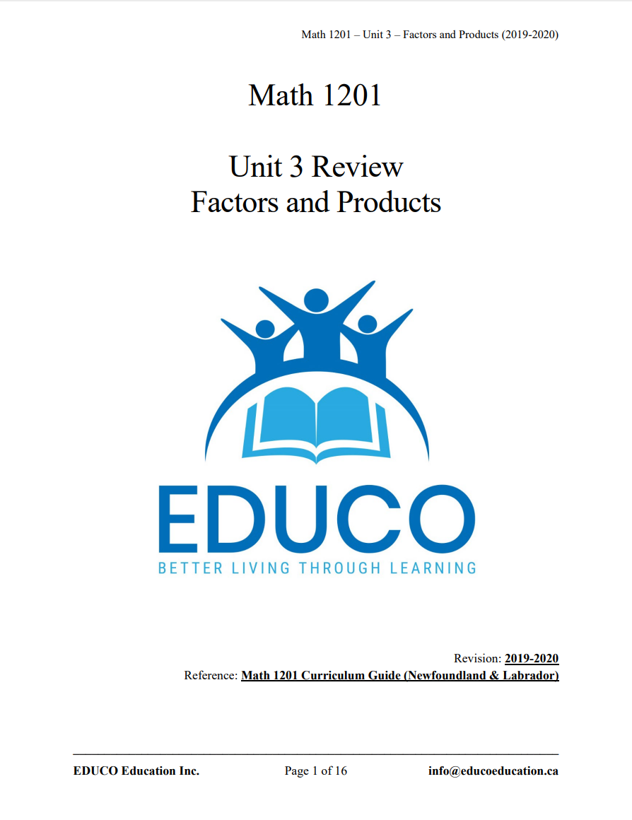 Unit 3: Factors and Products - Math 1201 (Digital Download)