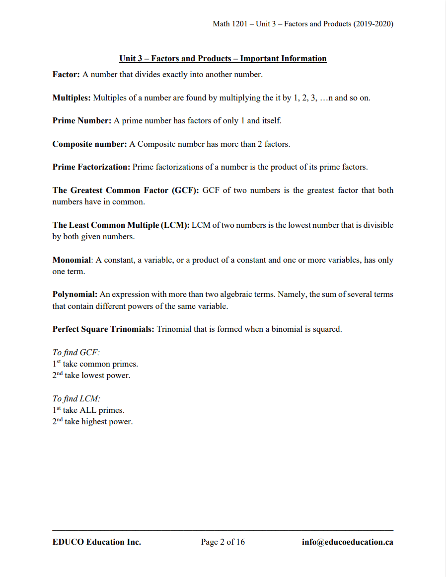 Unit 3: Factors and Products - Math 1201 (Digital Download)
