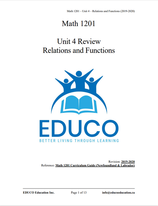 Unit 4: Relations and Functions - Math 1201 (Digital Download)