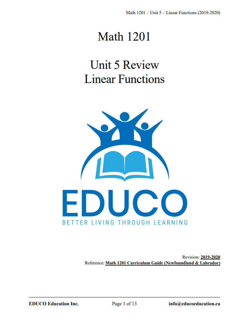 Unit 5: Linear Functions - Math 1201 (Digital Download)