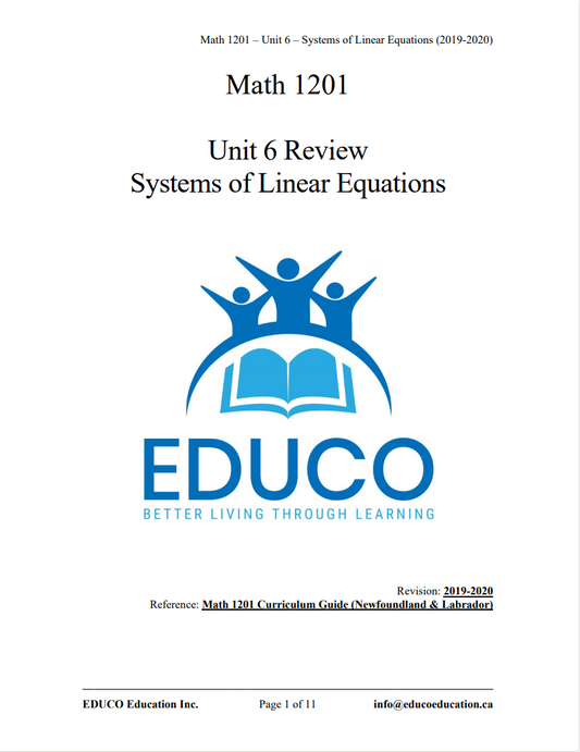 Unit 6: Systems of Linear Equations - Math 1201 (Digital Download)