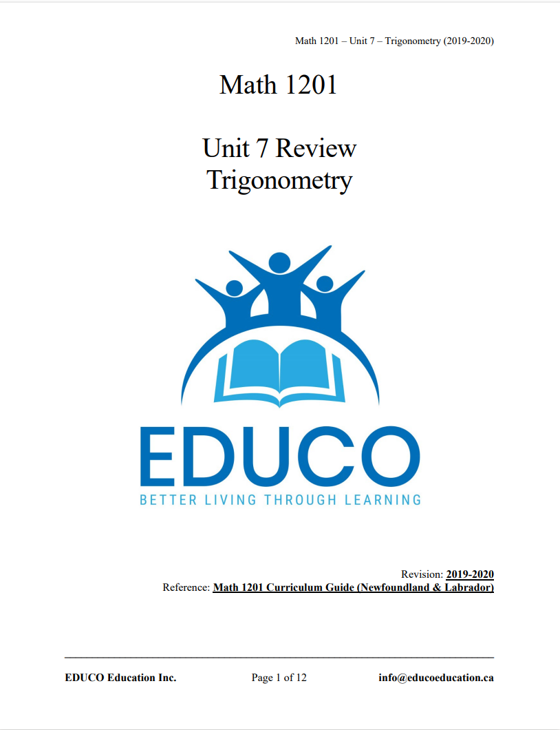 Unit 7: Trigonometry - Math 1201 (Digital Download)