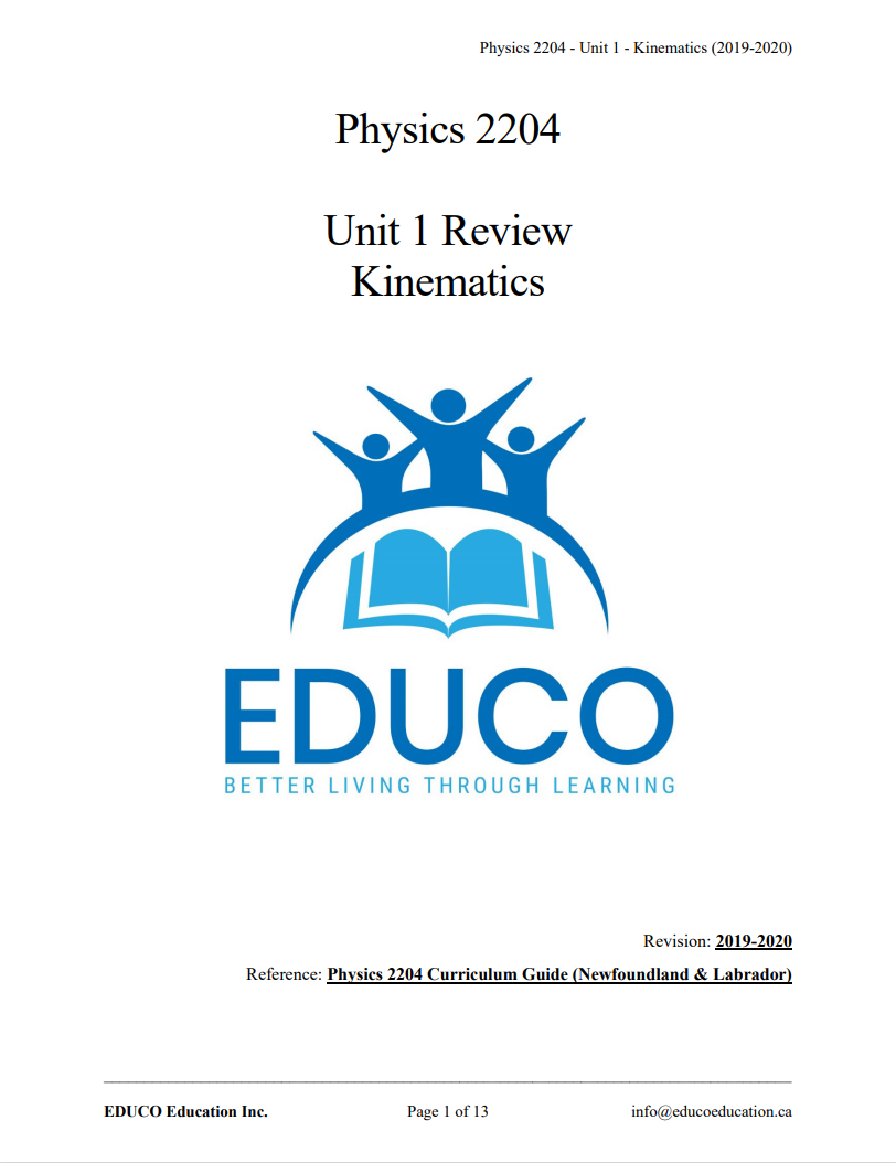 Unit 1: Kinematics - Physics 2204 (Digital Download)