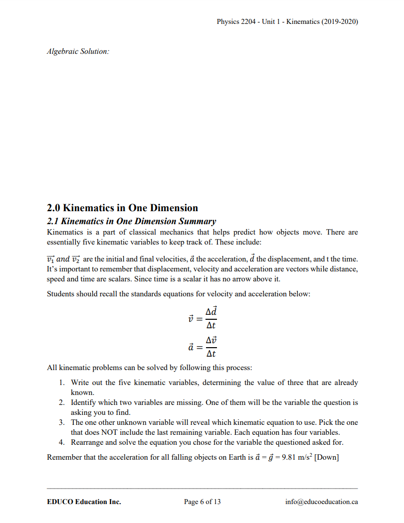 Unit 1: Kinematics - Physics 2204 (Digital Download)