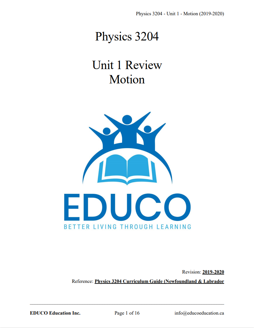 Unit 1: Motion - Physics 3204 (Digital Download)