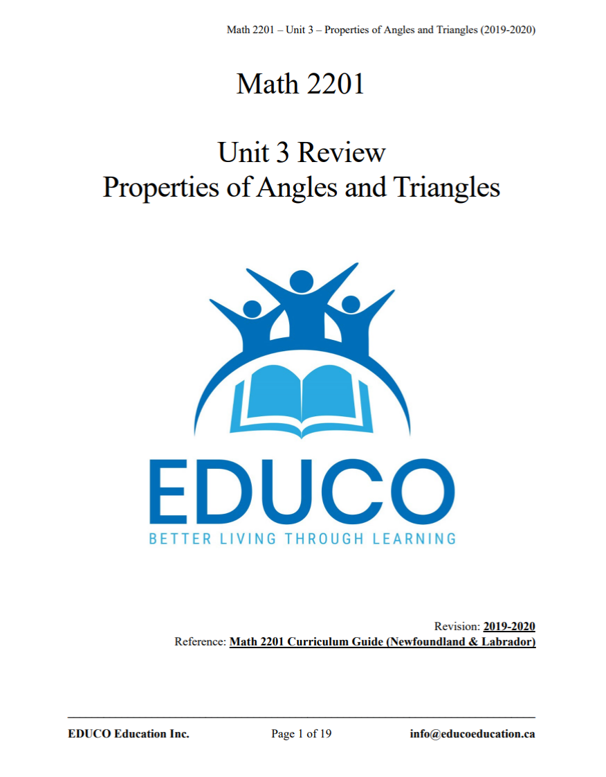 Unit 3: Properties of Angles and Triangles - Math 2201 (Digital Download) (Copy)