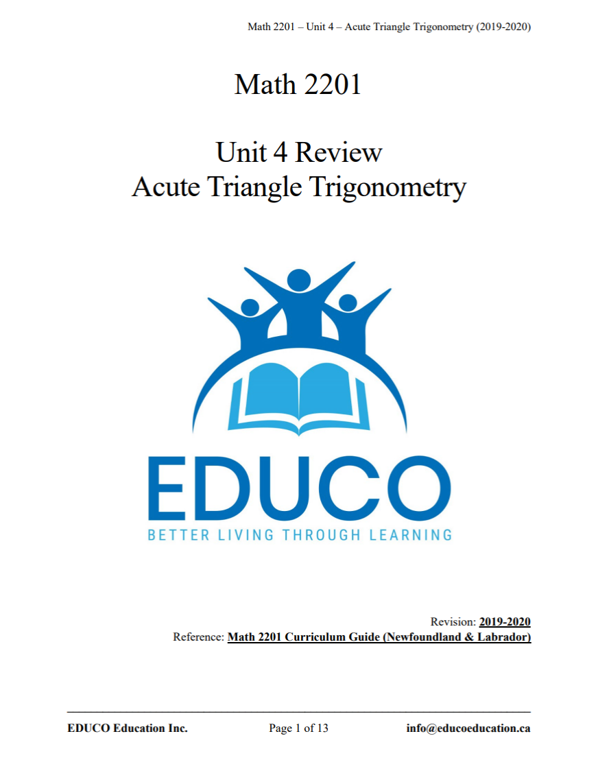 Unit 4: Acute Triangle Trigonometry - Math 2201 (Digital Download)