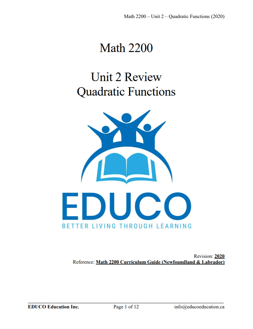 Unit 2: Quadratic Functions - Math 2200 (Digital Download) – EDUCO ...