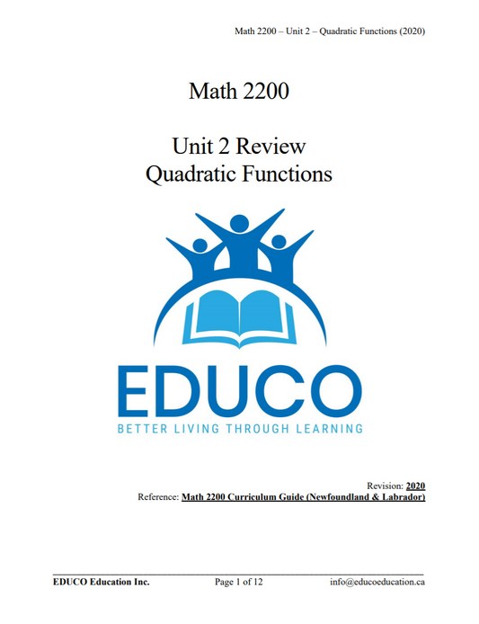 Unit 2: Quadratic Functions - Math 2200 (Digital Download)