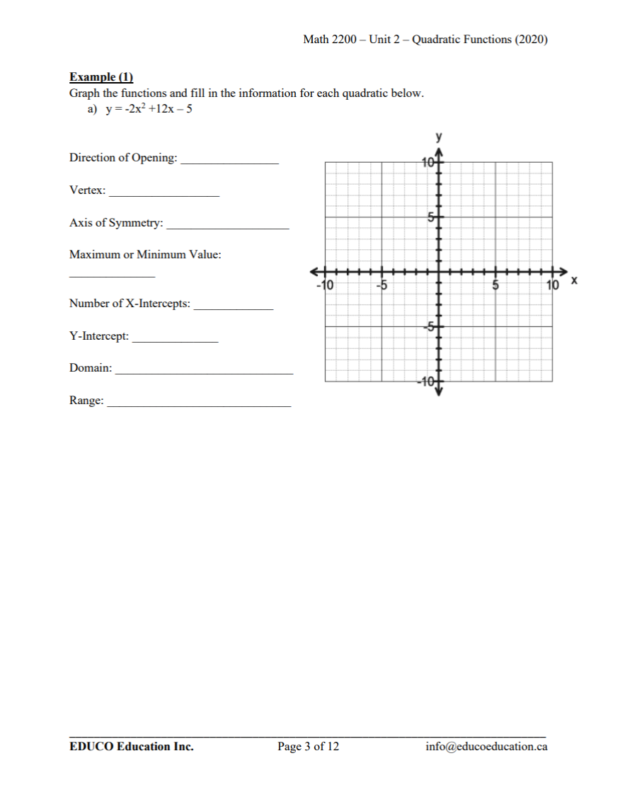 Unit 2: Quadratic Functions - Math 2200 (Digital Download)