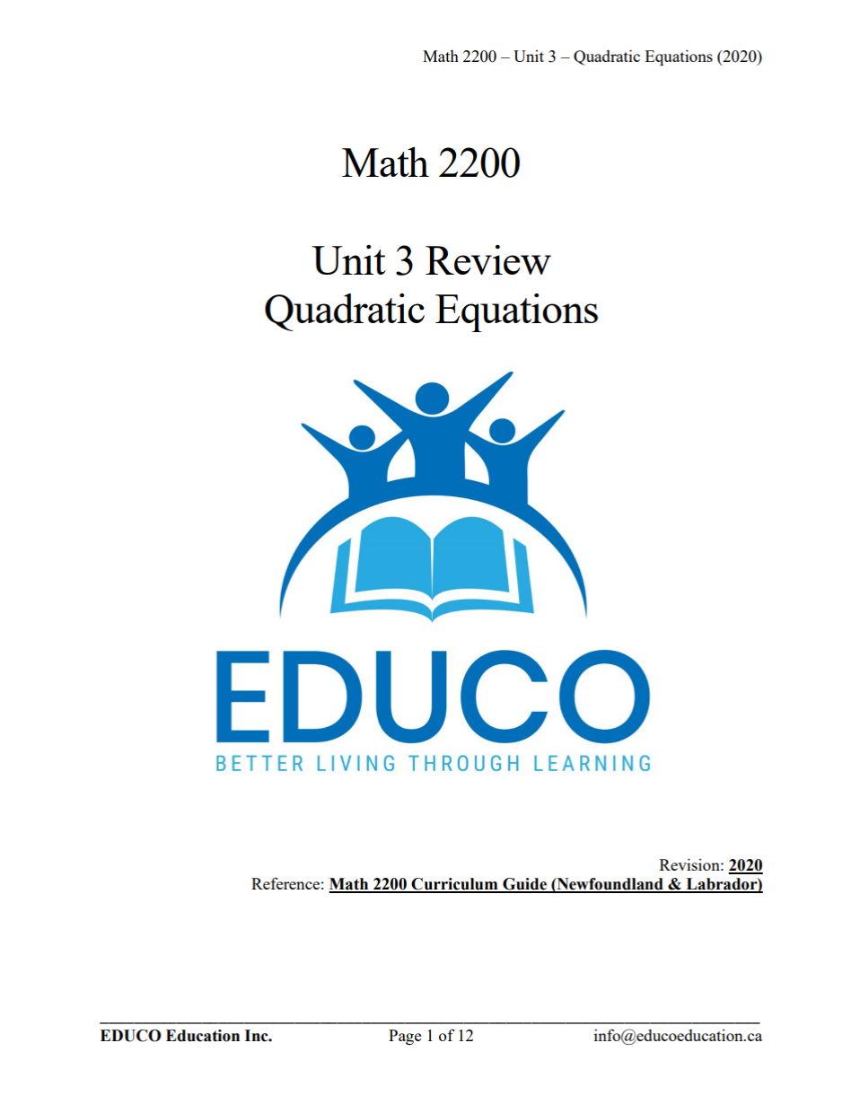 Unit 3: Quadratic Equations - Math 2200 (Digital Download)