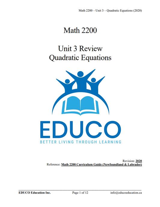 Unit 3: Quadratic Equations - Math 2200 (Digital Download)