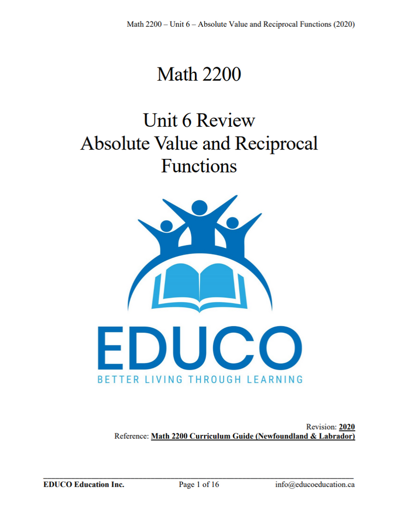 Unit 6: Absolute Value and Reciprocal Functions - Math 2200 (Digital D ...