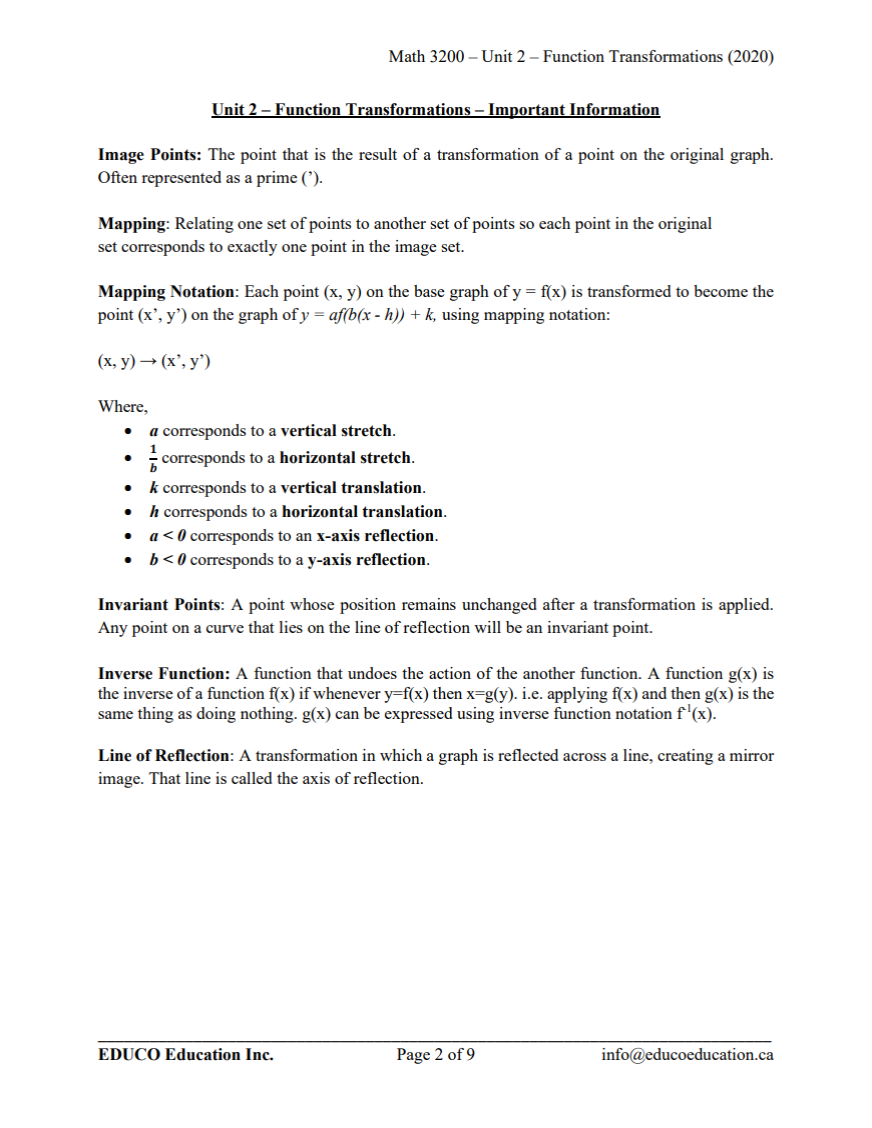 Unit 2: Function Transformations - Math 3200 (Digital Download) – EDUCO ...