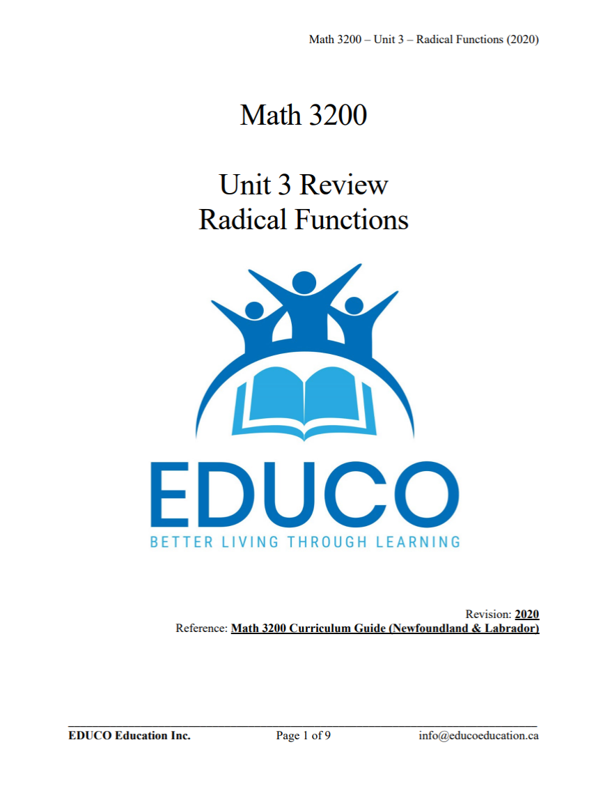 Unit 3: Radical Functions - Math 3200 (Digital Download)