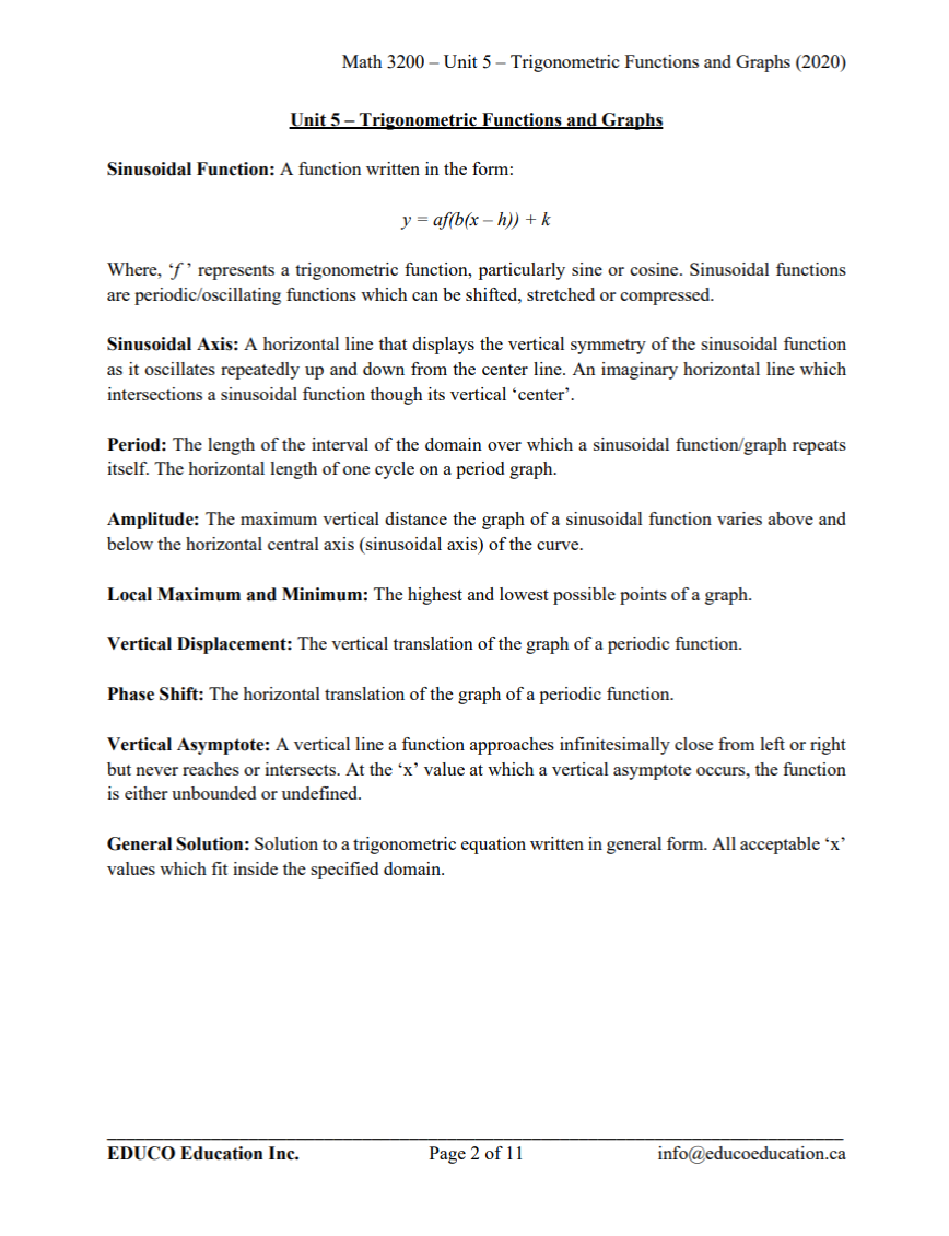 Unit 5 Math Unit 5: Trigonometric Functions and Graphs - Math 3200 (Digital Downlo ...