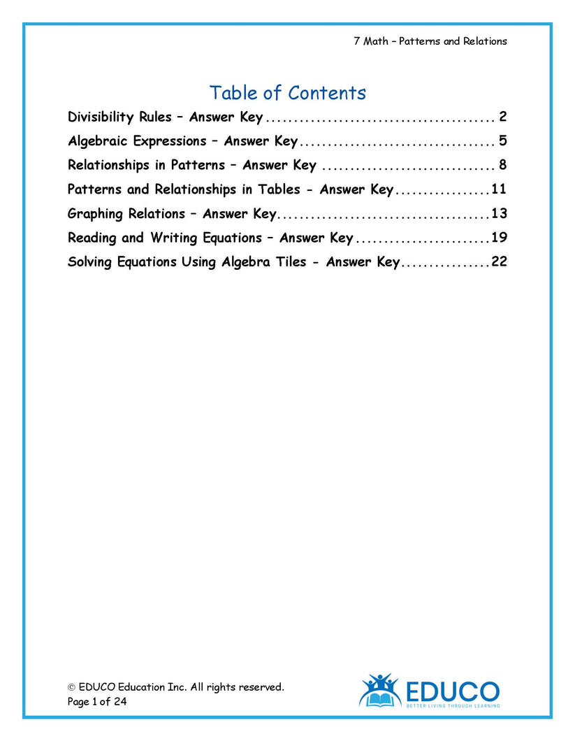 Unit 1: Patterns and Relations - Grade 7 Math (Digital Download ...