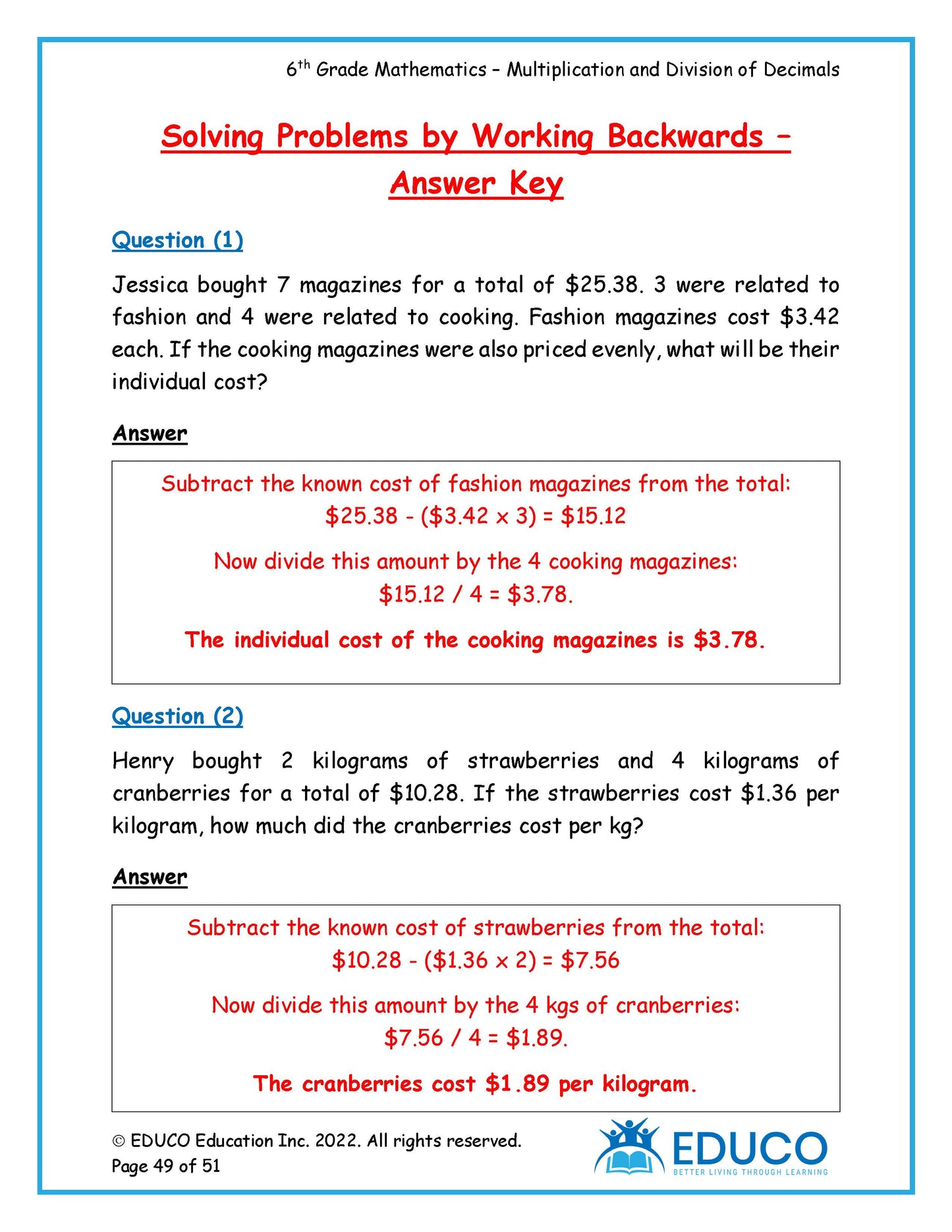 Unit 8: Multiplication and Division of Decimals - Grade 6 Math (Digital Download)