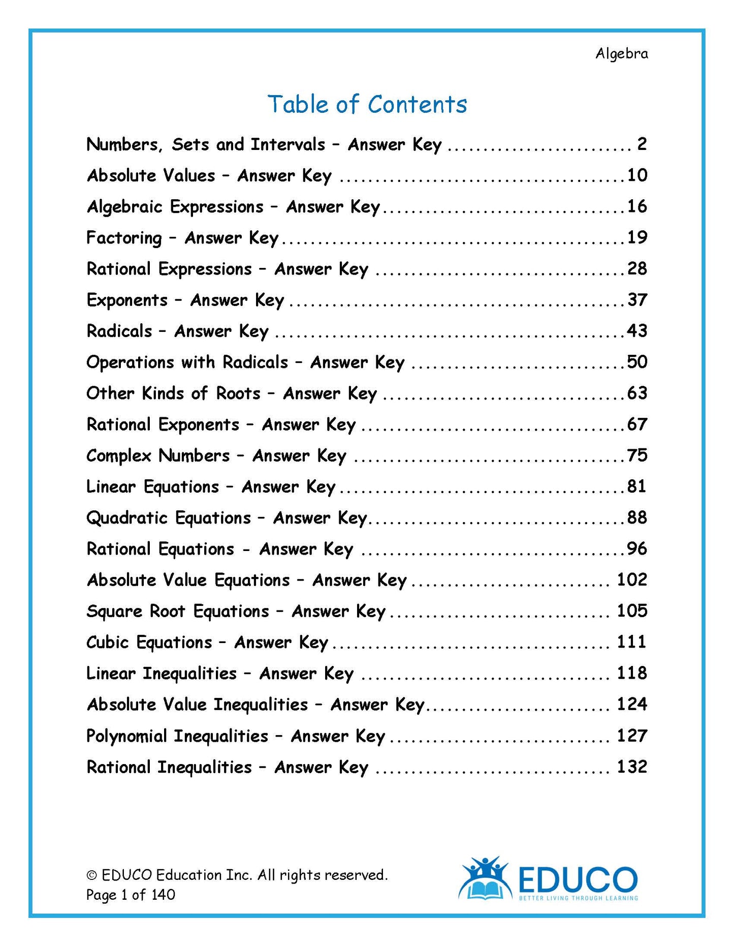 Algebra Workbook and Answer Key - (Physical Workbook + Physical Answer Key)