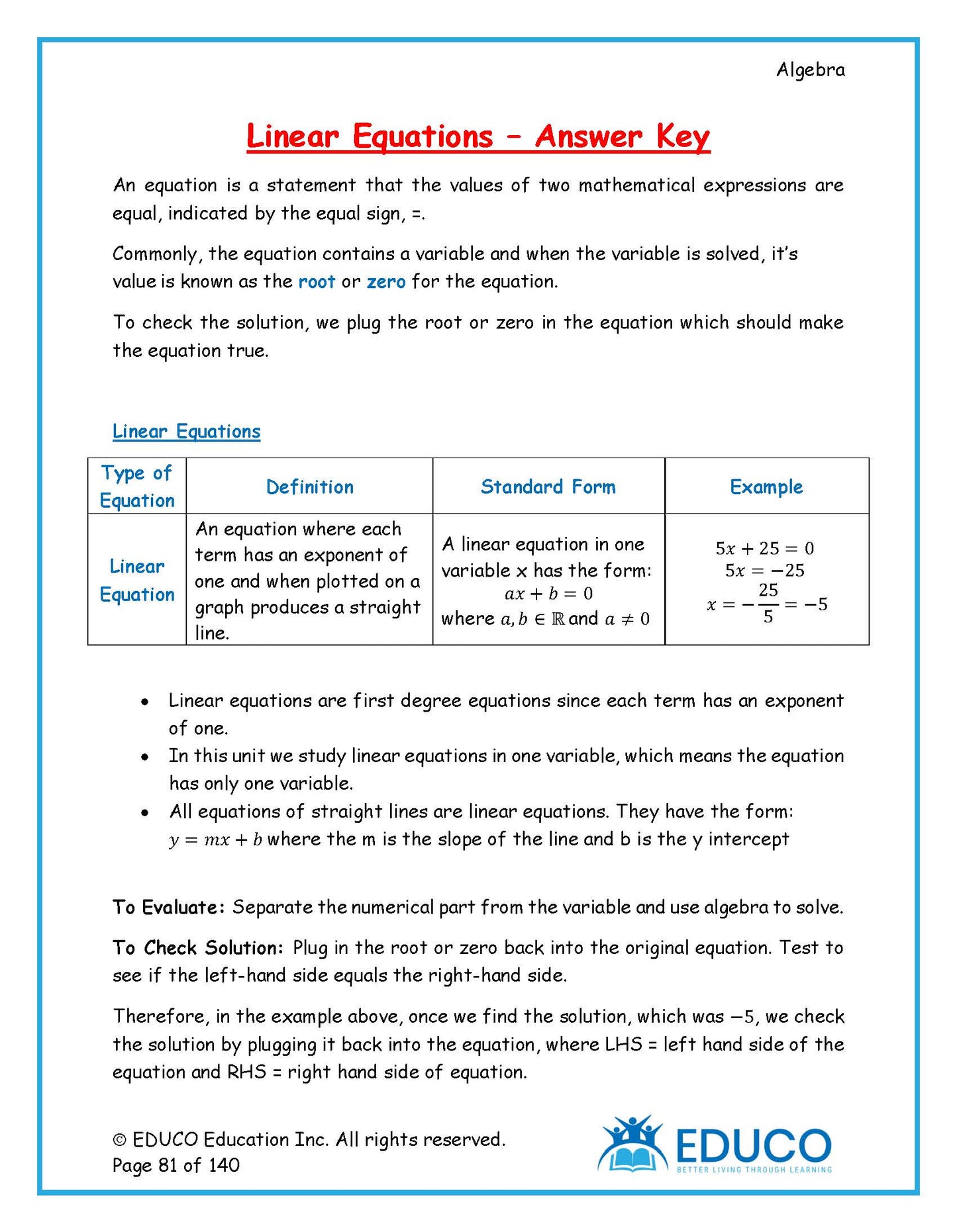 Algebra Workbook and Answer Key - (Physical Workbook + Physical Answer Key)