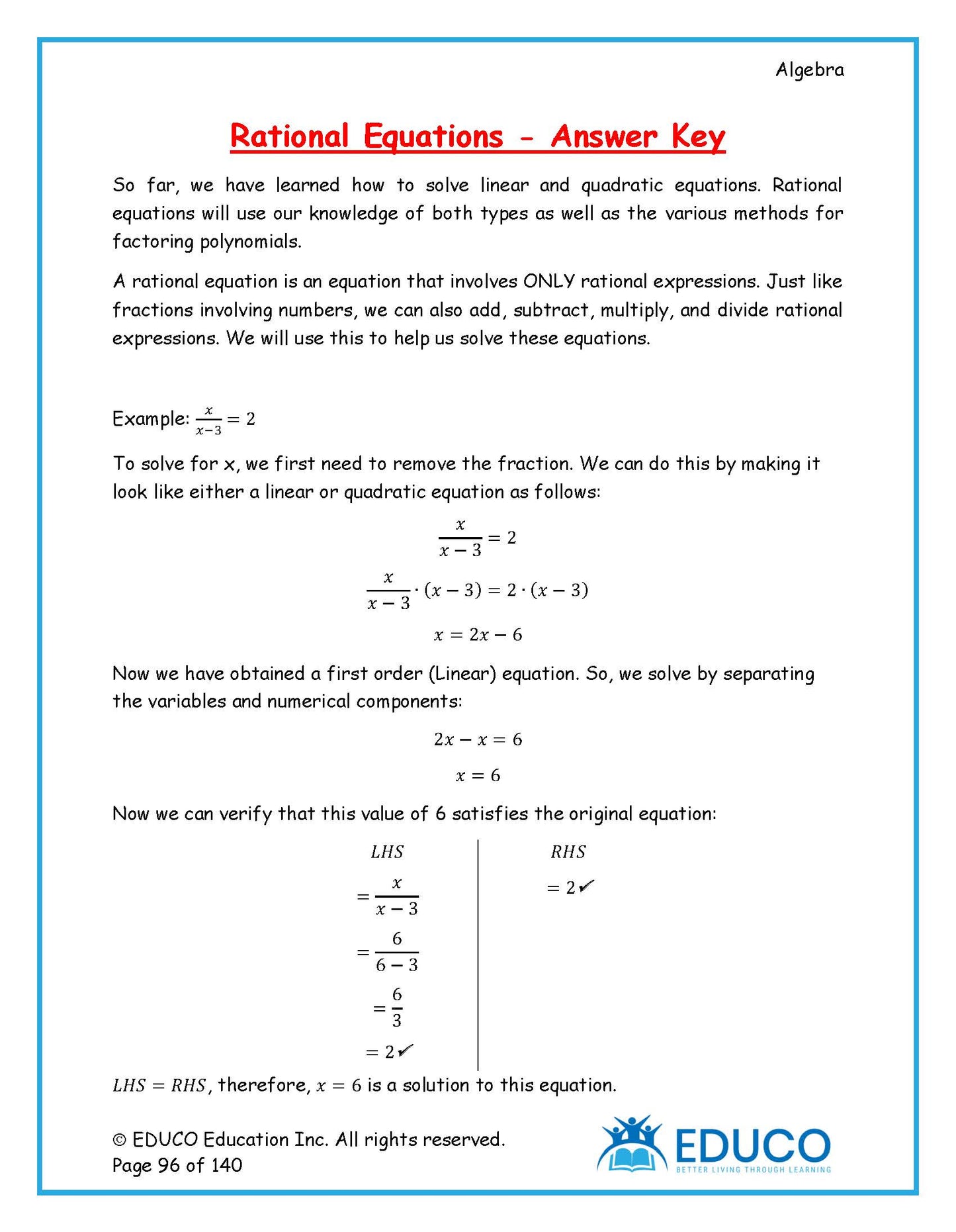 Algebra Workbook and Answer Key - (Physical Workbook + Physical Answer Key)