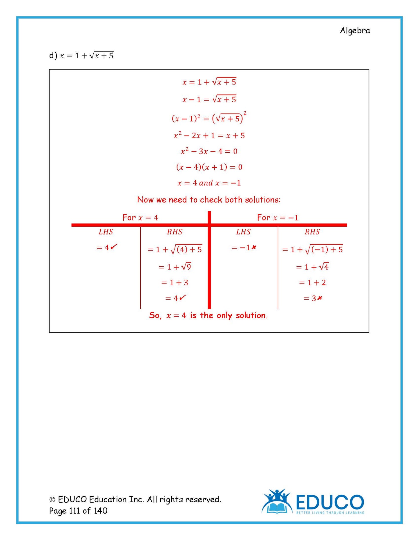 Algebra Workbook and Answer Key - (Physical Workbook + Physical Answer Key)